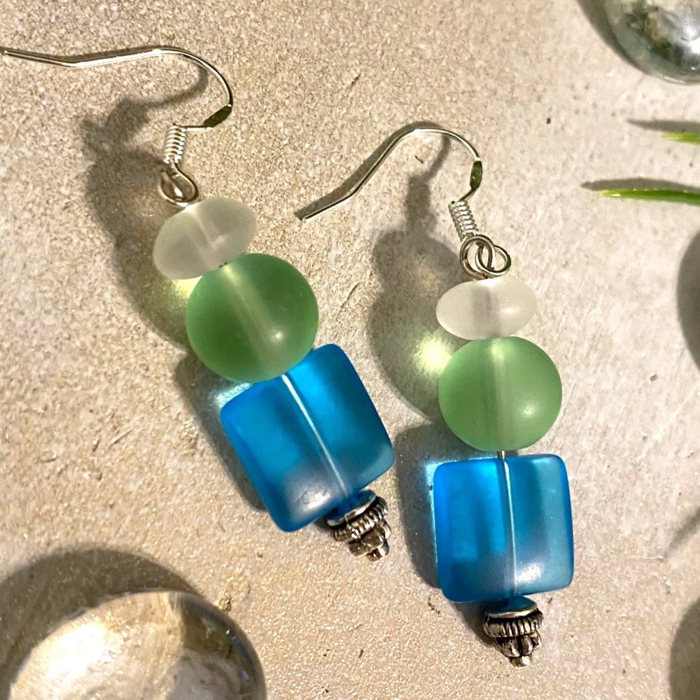 3/$25 Blue Green White Beachy Frosted Glass Bead Dangle Sea Glass Earrings